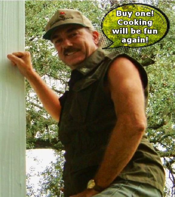 Bruce, neoTrekk's owner and inventor, outdoors among trees, with a speech bubble that says: Buy one! Cooking will be fun again!